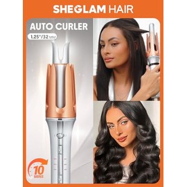 SHEGLAM Rizador Automático de Cabello, Rizadora Giratoria con Revestimiento de Cerámica, 3 Niveles de Temperatura 170-210 °C, Calentamiento Rápido par