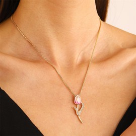 coadipress Tulip Flower Pendant Necklace for Women Dainty Elegant Boho Temperament Crystal Tulip Necklace Trendy Statement Friendship Jewelry (Pink)