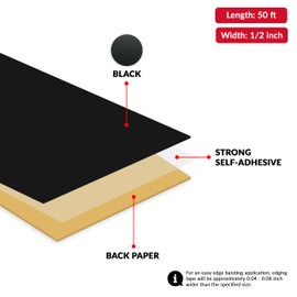 Black PVC 1/2 inch x 50 ft Edge Banding Tape Peel Stick Adhesive Veneer Edging Trim Wood Laminate Cabinet Furniture Plywood Formica Shelf Countertop Table Repair Strip Band Roll