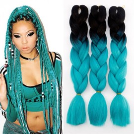 3packs/lot 24inch Synthetic Braiding Hair Ombre African Crochet Braids Hair Extensions Soft Yaki Jumbo Hair Braid (Black and Cyan)