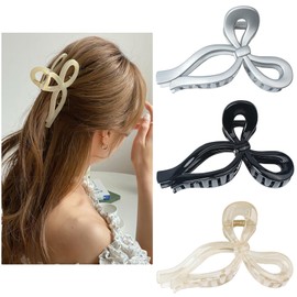 3 PCS Bow Hair Clips for Women Nonslip Large Hair Bow Claw Clips for Thin and Thick Hair Hold Hair Bows Styling Hair Accessories for Women (Silver/Black/Beige)