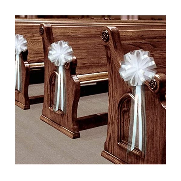 White Tulle Ceremony Wedding Pull Bows for Church Pews - 9" Wide, Set of 14, Aisle Decorations