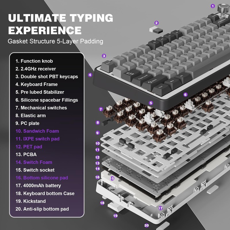 YUNZII B75 PRO Wireless Mechanical Keyboard,75% Layout with Knob,Hot Swap