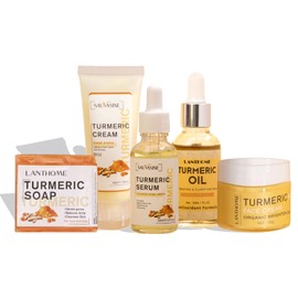 JasCherry 5 Piece Face Skin Care Set Turmeric Skin Care Set with Turmeric Cream, Turmeric Serum, Turmeric Soap, Turmeric Oil and Turmeric Face Cream