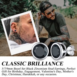 Suplight Mens Black Earrings 925 Sterling Silver Cubic Zirconia Stud Earrings for Men 7mm