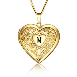 GOKING Letter M Locket Necklace that Holds Pictures, Gift for Teacher Friend, 18K Gold Plated Heart Photo Initial Alphabet Necklace