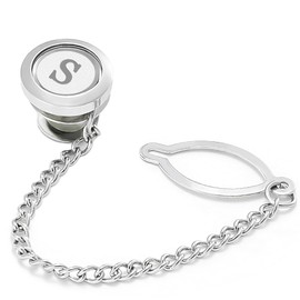 Dannyshi Mens tie pins with Chain Round Silver Wedding Business Initials A-Z tie Clip Gift (S)