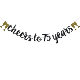 Cheers to 75 Years Banner, Pre-Strung,Black Glitter Paper Garlands Banner for 75th Wedding Anniversary 75 Years Old 75th Birthday Party Decorations Supplies, Letters Black,Betteryanzi