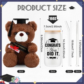 Yetene 3 Pcs 2025 Graduation Gifts Glass Cups and Stuffed Bear, Can Cups with Lids and Straws, Graduation Gifts for Her College University Class of 2025 Party New Job Congratulations(Black)