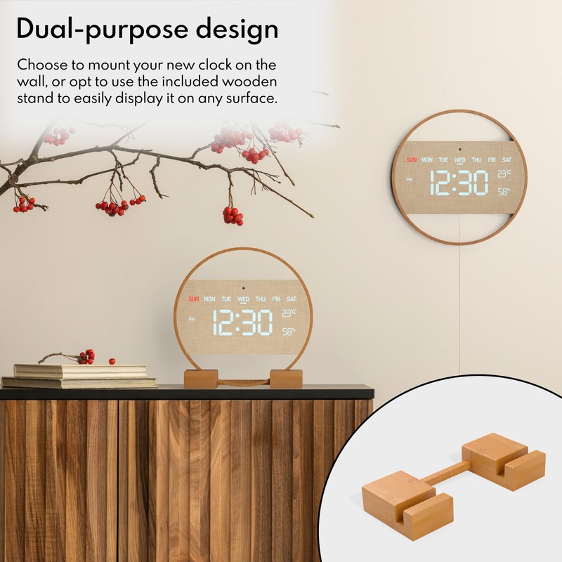 Driini Modern Large Digital Wall Clock - Bamboo Wood with
