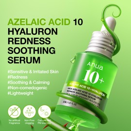 Anua Azelaic Acid 10 Hyaluron Redness Soothing Serum, Facial Serum for Blemish-Prone & Oily-Prone Skin, Lightweight & Hydrating Blemish Care, Hyaluronic Acid, Korean Skincare, 1.01 fl oz.