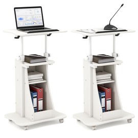 Giantex Mobile Podium Stand Set of 2, Height Adjustable Laptop Cart with Tilting Tabletop & Storage Compartments, Rolling Lectern with Lockable Casters for Classroom, Church, Home Office, Black