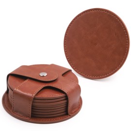 TOSSOW Coasters for Drinks, PU Leather Coaster 8 Pcs with Holder, Durable and Non-Slip Coaster for Protection Tabletop, Wooden Table, Desk, Bar, Coasters Fit All Cups (Brown)