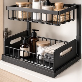 2-Tier Under Sink Organizer for Cabinet Storage – Sliding Metal Rack for Kitchen, Bathroom & Cleaning Supplies