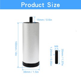 Murtenze 4 PCS 4 Inch Metal Furniture Legs - Adjustable Height Sofa Replacement Legs with M8 Thread - Round Modern Silver Sofa Feet for Couch, Furniture, Chairs, Bed (Add Height 100mm)