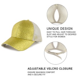 Muryobao Gorra de béisbol para mujer con cola de caballo y moño alto ajustable, color liso, Brillantina dorada, Talla única