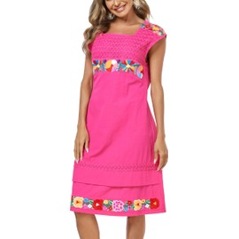 YZXDORWJ Mexican Dress for Women Peasant Dress Floral Embroidered Linen Dresses Summer Short Sleeve Bohemian Dress (XL, 491MR)