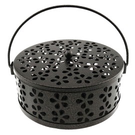 E-outstanding Retro Bronze Portable Iron Mosquito Coil Holder Round Fireproof License Holder Hangable Outdoor Home Hollow Mosquito Incense Plate Box with Handle for Home Office Camping