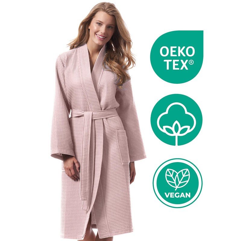 Morgenstern Women's Lightweight Bathrobe, 100% Cotton, Waffle Pique, pink