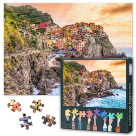 1000 Piece Jigsaw Puzzle for Adults, Manarola Fishing Village Seascape, Cinque Terre Italy Coastal Cliffside Landscape Art, Colorful Mediterranean Houses Wall Decor, Challenging 27.5x19.7 Inch Puzzle