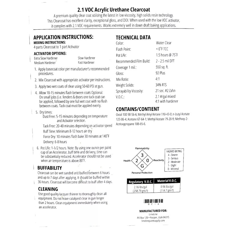 LiME LiNE Overall 2k Clearcoat 1.25 Gallon Kit