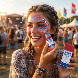 Barra de purpurina para el cuerpo Iluminador Lentejuelas Rojas Blancas Purpurina Impermeable 25.º Cabello Y Rostro Para Conciertos Carnaval Festivales 4 De Julio Día De La Independencia