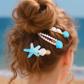 HEREAD Starfish Blue Hair Clips Seashell Mermaid Hair Barrettes Pearl Gold Hair Accessories for Women and Girls (Pack of 3) (Blue)