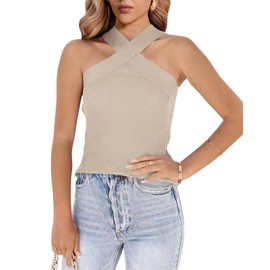 Womens Criss Cross Halter Sweater Vest Tops Summer Sleeveless Pullover Casual Lightweight V Neck Knit Tank Top Khaki