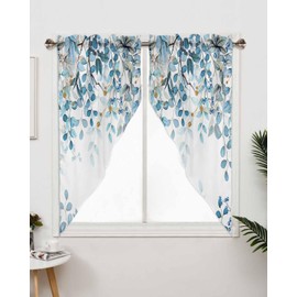 Swag Curtain Valances Eucalyptus Botanical Leaves Kitchen Window Curtains Watercolor Plant Leaf Small Window Treatment Sage Blue Cafe Short Curtains for Bedroom Treatment Tier Drapes 56" W x 36" L