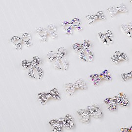 DANNEASY 33pcs 3D Silver Bow Nail Charms Flat-back Nail Rhinestone Alloy Butterfly Bowknot Jewels Charms for Nails Laser Nail Crystal Gem Diamond Nail Studs Nail Art Decoration