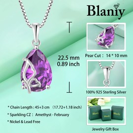 Blaniy February Birthstone Necklace for Women 925 Sterling Silver Amethyst Necklace Butterfly Pendant Birthday Mothers Day Anniversary Christmas Teardrop Butterflies Jewelry Gifts for Her