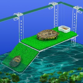 Adjustable Hanging Turtle Dock with Anti-Slip Artificial Grass Basking Platform Sturdy Acrylic Ramp for Aquatic Turtles, Compatible with Various Tank Sizes, Easy Setup Transparent, 13x6.9 Inch