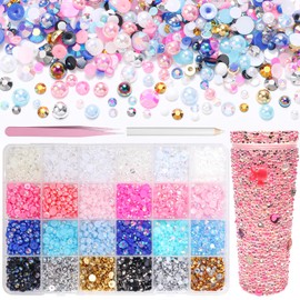 10000Pcs Flatback Pearls and Rhinestones for Crafting, Pink Blue Gold Black White 3-6mm Color Half ABS Flatback Half Pearl Beads Gems Bedazzling for Nails Art Crafts DIY Shoes Clothes Bags