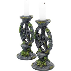 Nemesis Now B2539G6 Wiccan Pentagramm Kerzenständer Set mit 2 Kerzenhaltern 15 cm schwarz Harz