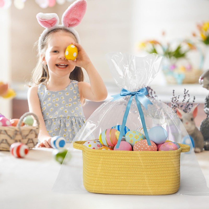 Cute Yellow Gift Basket, Woven Baskets for Gifts Empty, Cotton