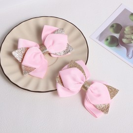 2pc Glitter Pink Ribbon Hair Bow Clips 4in Bowknot Alligator Barrettes for Toddler Teens Cheerleader Girls Birthday Wedding Party Decor Accessory Back School Valentines Gift