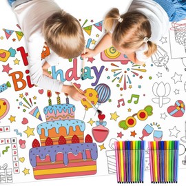 Meetcolor Giant Birthday Coloring Poster, 72 x 30 Inch Happy Birthday Banner for Kids, DIY Activity Tablecloth Art Crafts Coloring Mat, 24 Colors Marker Set Classroom Home Party Supplies Decorations