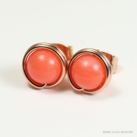 Rose Gold Orange Coral Gemstone Stud Earrings Wire Wrapped Jewelry