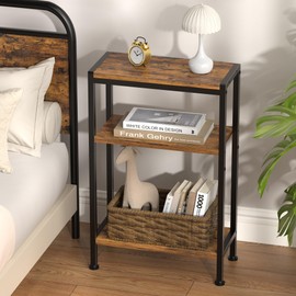 Narrow Side Table for Small Space Set of 2, 3-Tier Small End Table with Shelf Holder, Slim Nightstand, Skinny Snack Couch Table in Living Room, Bedroom, Study, Kitchen and Balcony（Rustic Brown
