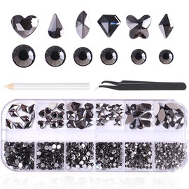 RODAKY Black Nail Rhinestones for Nails 860Pcs Nail Art Crystal Gems Stones Black Crystal Flatback Rhinestones for Crafts Mixed Shapes Size Nail Diamond Design Charms DIY Crafts Jewelry Decor