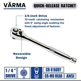 VÄRMA 1/4-inch 72-Tooth Reversible Quick Release Ratchet, Quick Release Button Rachet Handle, 5-Degree Swing Arc, Premium Chrome Vanadium Steel Construction, Cr-Mo Head, Mirror Finish (1/4" Drive)