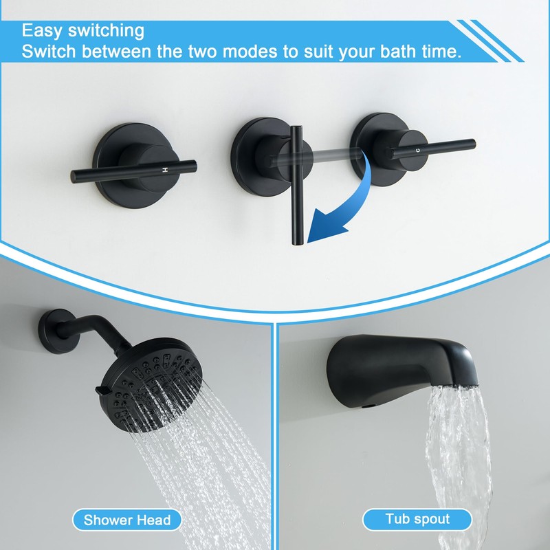 SUBEIXI 3 Handle Tub Shower Faucet Matte Black Tub and