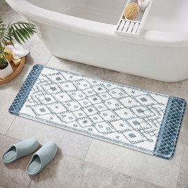 Uphome Bathroom Rug Runner, Moroccan Geometric Long Bath Mat, Non Slip Machine Washable Bath Mat for Tub, Cozy Velvet Dark Blue Boho Bath Runner Rug for Bathroom Tub Shower, 18x47 inch
