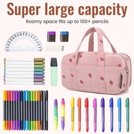 QYQMEYQ Large Pencil Case Pouch,Extra Big Pencil Bags with Zipper,Cute Corduroy Pencil Pouch with 5 Compartments,Pen Bag Wide Opening,Pencil Pouch Organizer, Pencil Box for Teen Girls Adults (Pink)