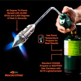 ROCKETFIRE Fire Starter Torch | Perfect Propane Torch Head, Grill Gun, Charcoal Torch | Compatible with Bernzomatic Propane & MAP/PRO Fuels | Tri-Flame Tip | Fuel NOT Included | Case Included | Green