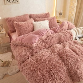 Fluffy Faux Fur Comforter Cover Queen Size - Luxury Ultra Soft Plush Comforter 1 Pieces (1 Shaggy Duvet Cover) Faux Fur Fuzzy Bedding Set (Old Pink, Queen)