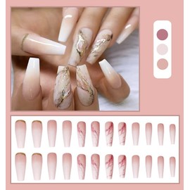 JUSTOTRY 24 Pcs Coffin Shape Press on Nails Medium,Long Length Bling Gold Glitter with Gradual Pink Marble Pattern Designs Ballet Fake False Nails with Glue,Nail Art for Women and Girl Stick on Nails
