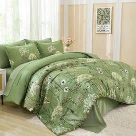Yiran 7 Piece Sage Green Floral Comforter Set Queen Size, Dandelion Plant Botanical Comforter Bedding Set, Bed in a Bag Queen, Soft Microfiber Complete Bedding Set with Sheets for All Season