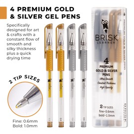 Brisk Learner 4 Gold Silver Gel Pens - 0.6 & 1.0mm Fine & Bold for Artists - Metallic Ink for Art, Drawing, Black Paper, Coloring, Journaling, Wedding, Scrapbook