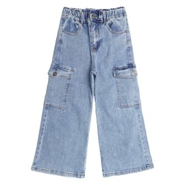 KIDSCOOL SPACE Toddler & Big Child Wide-Leg Cargo Jeans, 18M-14T Ribbed Waist Denim Pants,Light Blue,12-18 Months